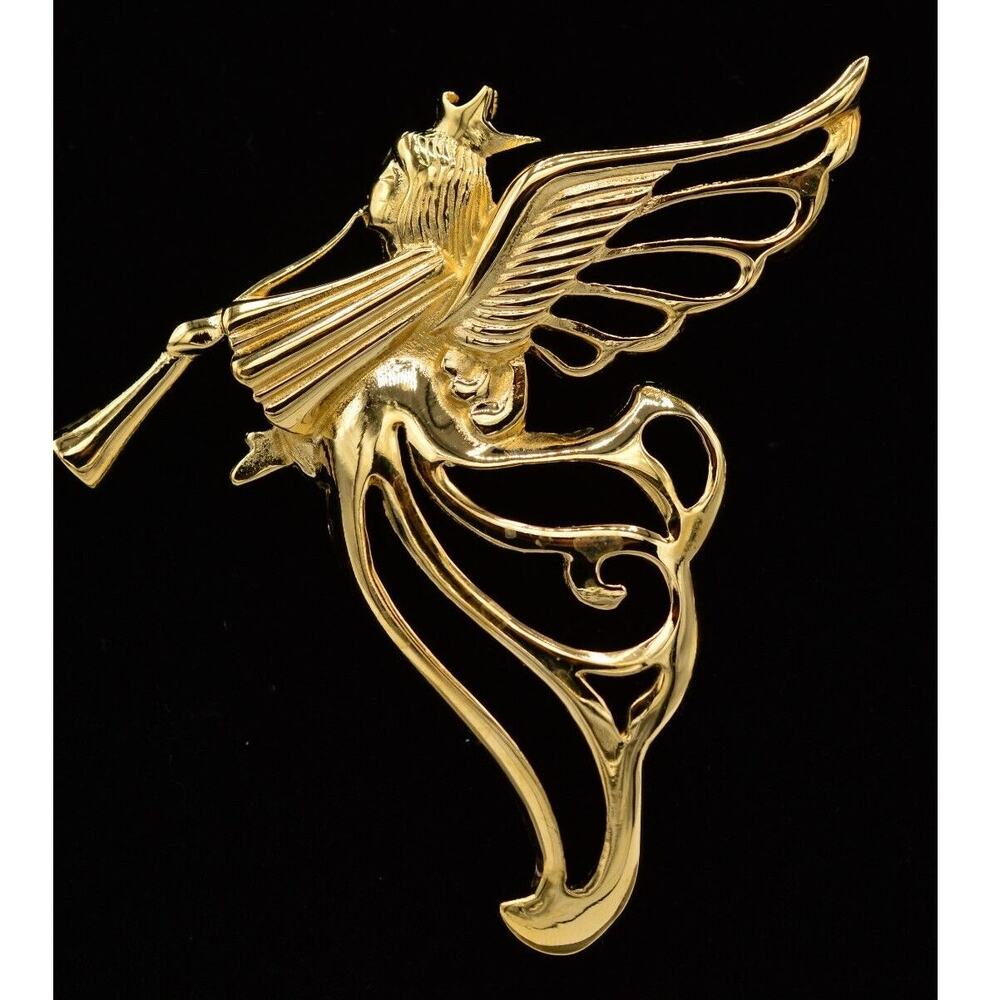 Givenchy Vintage Angel Pin Brooch Gold Large 3" Christmas Signed 1980s Bin5B